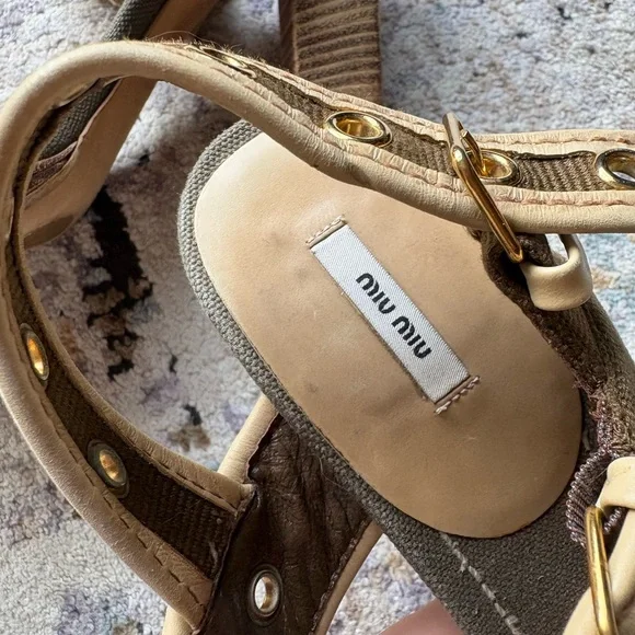 Y2K MIU MIU Double Buckle, Leather & Glitter, Olive Canvas Heels - Picture 8 of 16